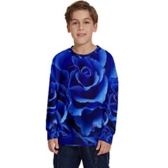 Blue Roses Flowers Plant Romance Blossom Bloom Nature Flora Petals Kids  Crewneck Sweatshirt by Bedest