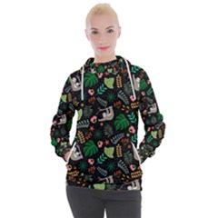 Floral Pattern With Plants Sloth Flowers Black Backdrop Women s Hooded Pullover by Bedest