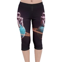 Stuck On Saturn Astronaut Planet Space Velvet Capri Leggings  by Cendanart