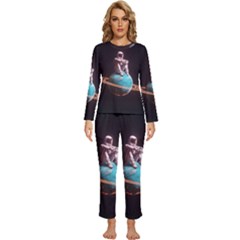 Stuck On Saturn Astronaut Planet Space Womens  Long Sleeve Lightweight Pajamas Set by Cendanart