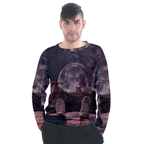 In The Cosmos Moon Sci-fi Space Sky Men s Long Sleeve Raglan T-shirt by Cendanart