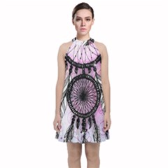 Dream Catcher Art Feathers Pink Velvet Halter Neckline Dress  by Bedest