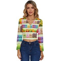 Supermarket Shelf Products Snacks Long Sleeve V-neck Top by Cendanart