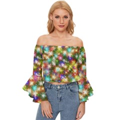 Star Colorful Christmas Abstract Off Shoulder Flutter Bell Sleeve Top by Cendanart