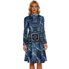 Circuit Board Motherboard Long Sleeve Shirt Collar A-line Dress by Cemarart