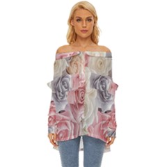 Pastel Rose Flower Blue Pink White Off Shoulder Chiffon Pocket Shirt by Cemarart