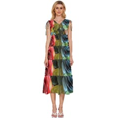 Flower Roses V-neck Drawstring Shoulder Sleeveless Maxi Dress by Cemarart