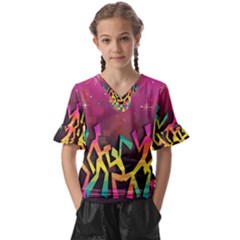 Dancing Colorful Disco Kids  V-neck Horn Sleeve Blouse by Bajindul