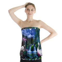 Flamingo Paradise Scenic Bird Fantasy Moon Paradise Waterfall Magical Nature Strapless Top by Ndabl3x