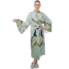 Couple Peacock Bird Spring White Blue Art Magnolia Fantasy Flower Maxi Velvet Kimono by Ndabl3x