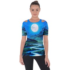 Bright Full Moon Painting Landscapes Scenery Nature Shoulder Cut Out Short Sleeve Top by Ndabl3x