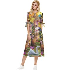 Garden Of Paradise Butterfly Swan Bird Painting Gazebo, Peacock Flower Bow Sleeve Chiffon Midi Dress by Ndabl3x