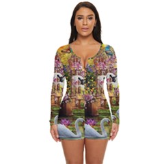 Garden Of Paradise Butterfly Swan Bird Painting Gazebo, Peacock Flower Long Sleeve Boyleg Swimsuit by Ndabl3x