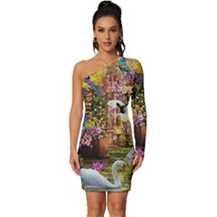 Garden Of Paradise Butterfly Swan Bird Painting Gazebo, Peacock Flower Long Sleeve One Shoulder Mini Dress by Ndabl3x