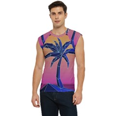 Abstract 3d Art Holiday Island Palm Tree Pink Purple Summer Sunset Water Men s Raglan Cap Sleeve T-shirt by Cemarart