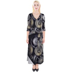 Abstract Style Gears Gold Silver Quarter Sleeve Wrap Maxi Dress by Cemarart