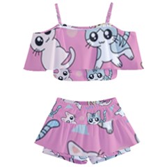 Cute Animal Little Cat Seamless Pattern Kids  Off Shoulder Skirt Bikini by Grandong