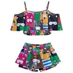 Cat Funny Colorful Pattern Kids  Off Shoulder Skirt Bikini by Grandong