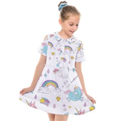 Unicorn Diamond Rainbow Shooting Star Kids  Short Sleeve Shirt Dress by Grandong