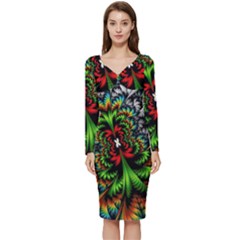 Kaleidoscopic Tropic Long Sleeve V-neck Bodycon Dress  by Grandong