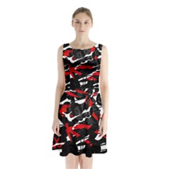 Shape Line Red Black Abstraction Sleeveless Waist Tie Chiffon Dress by Cemarart