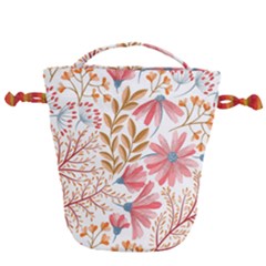 Red Flower Seamless Floral Flora Drawstring Bucket Bag by Cemarart