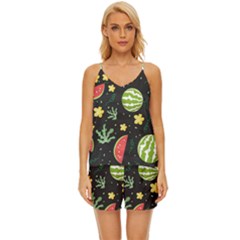 Watermelon Doodle Pattern V-neck Satin Pajamas Set by Cemarart