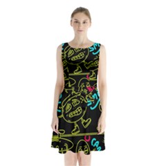 Keep Smiing Doodle Sleeveless Waist Tie Chiffon Dress by Cemarart