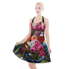 Flower And Parrot Art Flower Painting Halter Party Swing Dress  by Cemarart