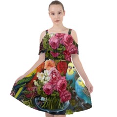 Flower And Parrot Art Flower Painting Cut Out Shoulders Chiffon Dress by Cemarart