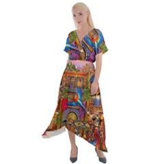 Arabian Street Art Colorful Peacock Tiger Man Parrot Horse Dancer Fantasy Cross Front Sharkbite Hem Maxi Dress by Cemarart