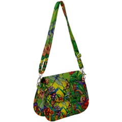 The Chameleon Colorful Mushroom Jungle Flower Insect Summer Dragonfly Saddle Handbag by Cemarart