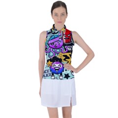 Cartoon Graffiti, Art, Black, Colorful Women s Sleeveless Polo T-shirt by nateshop