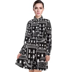 Dark Seamless Pattern With Houses Doodle House Monochrome Long Sleeve Chiffon Shirt Dress by Cemarart