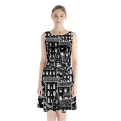 Dark Seamless Pattern With Houses Doodle House Monochrome Sleeveless Waist Tie Chiffon Dress by Cemarart