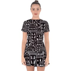 Dark Seamless Pattern With Houses Doodle House Monochrome Drop Hem Mini Chiffon Dress by Cemarart