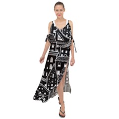 Dark Seamless Pattern With Houses Doodle House Monochrome Maxi Chiffon Cover Up Dress by Cemarart