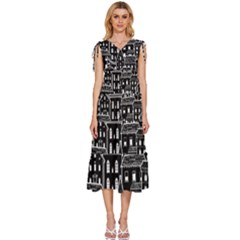 Dark Seamless Pattern With Houses Doodle House Monochrome V-neck Drawstring Shoulder Sleeveless Maxi Dress by Cemarart