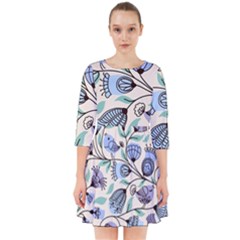 Bird Floral Blue Flower Retro Seamless Pattern Smock Dress by Cemarart