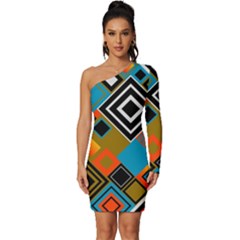 Retro Pattern Abstract Art Colorful Square Long Sleeve One Shoulder Mini Dress by Ndabl3x