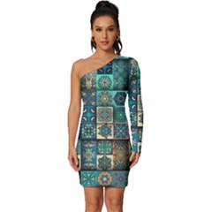 Texture Pattern Abstract Colorful Digital Art Long Sleeve One Shoulder Mini Dress by Ndabl3x