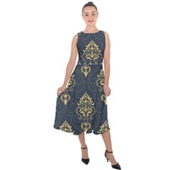 Floral Damask Pattern Texture, Damask Retro Background Midi Tie-back Chiffon Dress by nateshop