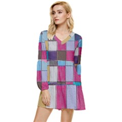 Tile, Colorful, Squares, Texture Tiered Long Sleeve Mini Dress by nateshop