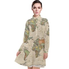 Vintage World Map Aesthetic Long Sleeve Chiffon Shirt Dress by Cemarart