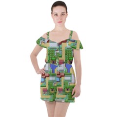 Pixel Map Game Ruffle Cut Out Chiffon Playsuit by Cemarart