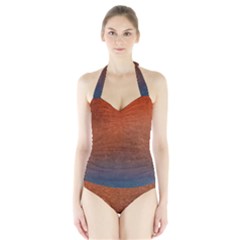 Orange To Blue, Abstract, Background, Blue, Orange, Halter Swimsuit by nateshop