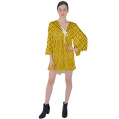 Yellow Floral Pattern Vintage Pattern, Yellow Background V-neck Flare Sleeve Mini Dress by nateshop