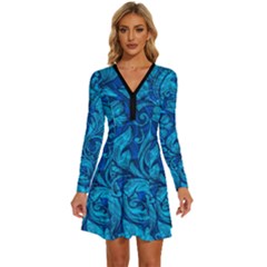 Blue Floral Pattern Texture, Floral Ornaments Texture Long Sleeve Deep V Mini Dress  by nateshop