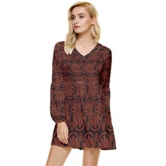 Brown Floral Pattern Floral Greek Ornaments Tiered Long Sleeve Mini Dress by nateshop