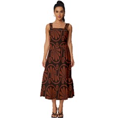 Brown Floral Pattern Floral Greek Ornaments Square Neckline Tiered Midi Dress by nateshop